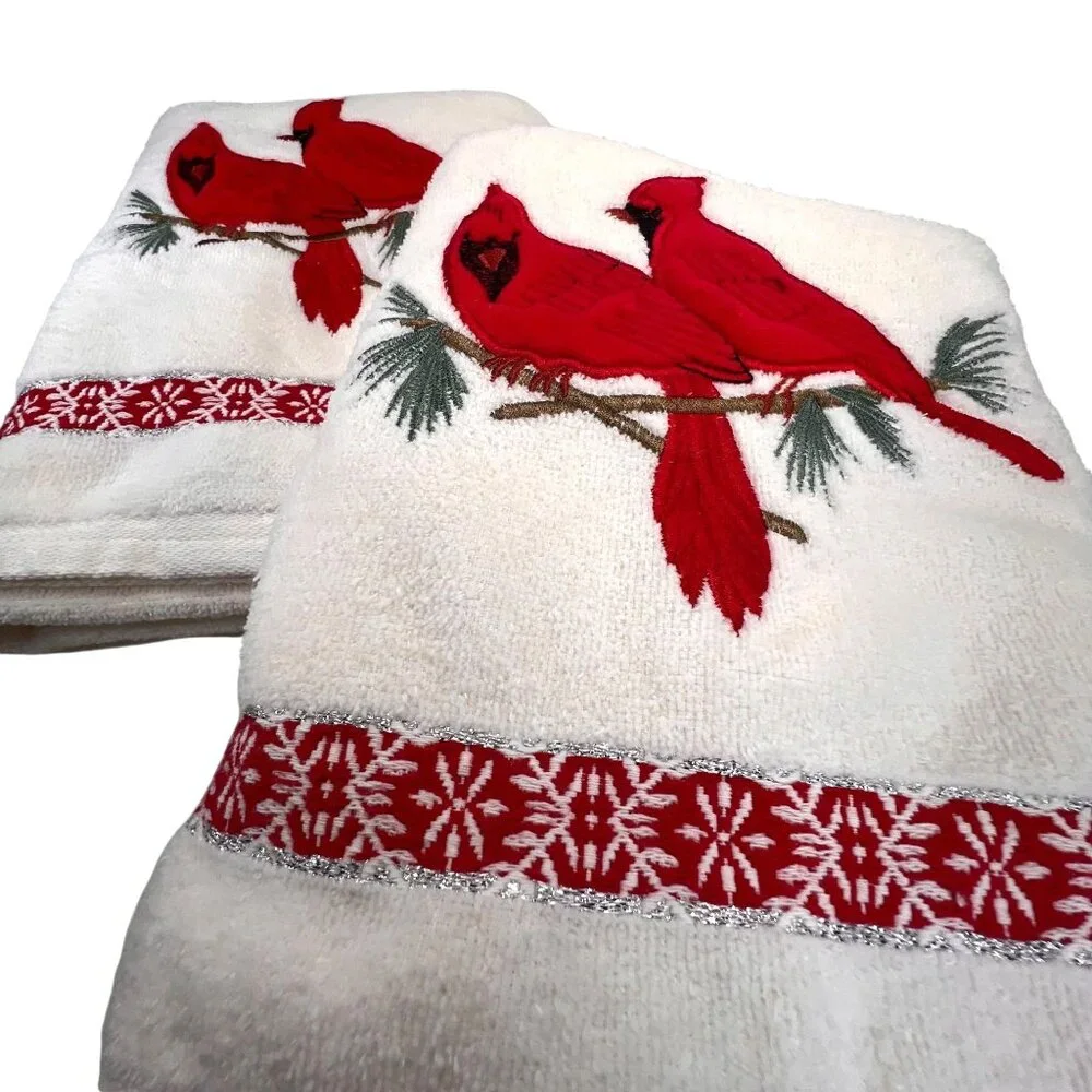 Santens Embroidered Cardinal Bath Towel Set of 2 USA Holiday Sparkle Snowflake